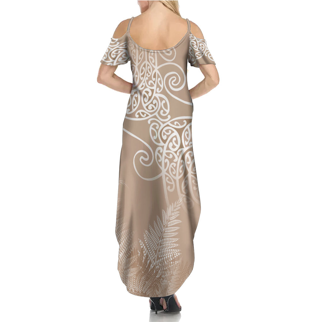 Aotearoa Maori Koru Curves Family Matching Summer Maxi Dress and Hawaiian Shirt Silver Ferns - Mocha