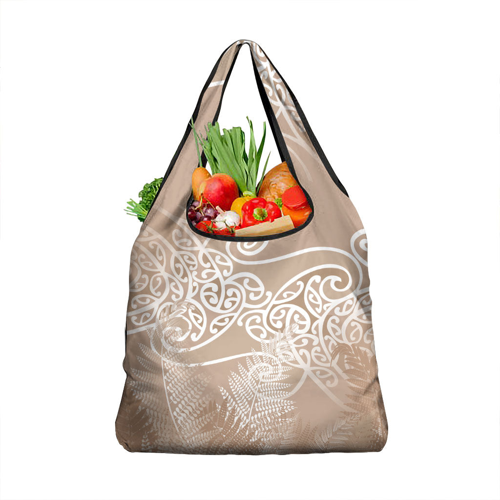 Aotearoa Maori Koru Curves Grocery Bag Silver Ferns - Mocha LT7 1-pack One Size Beige - Polynesian Pride