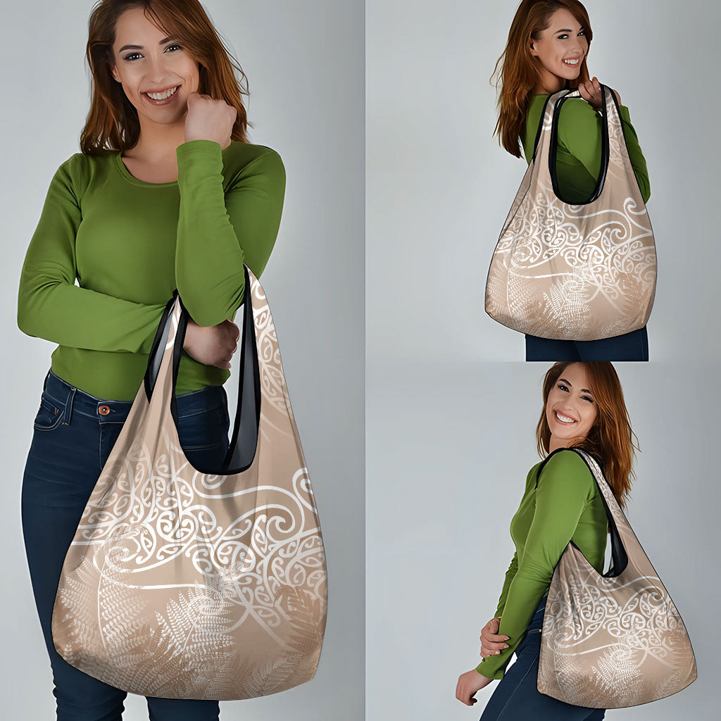 Aotearoa Maori Koru Curves Grocery Bag Silver Ferns - Mocha LT7 - Polynesian Pride