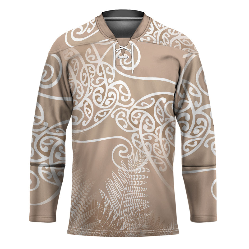 Aotearoa Maori Koru Curves Hockey Jersey Silver Ferns - Mocha LT7 Unisex Beige - Polynesian Pride