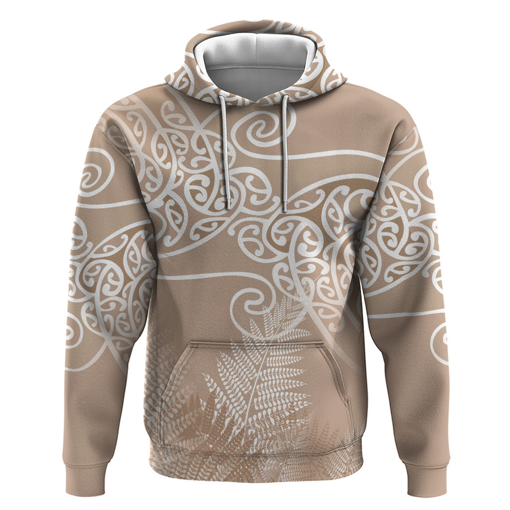 Aotearoa Maori Koru Curves Hoodie Silver Ferns - Mocha LT7 Pullover Hoodie Beige - Polynesian Pride