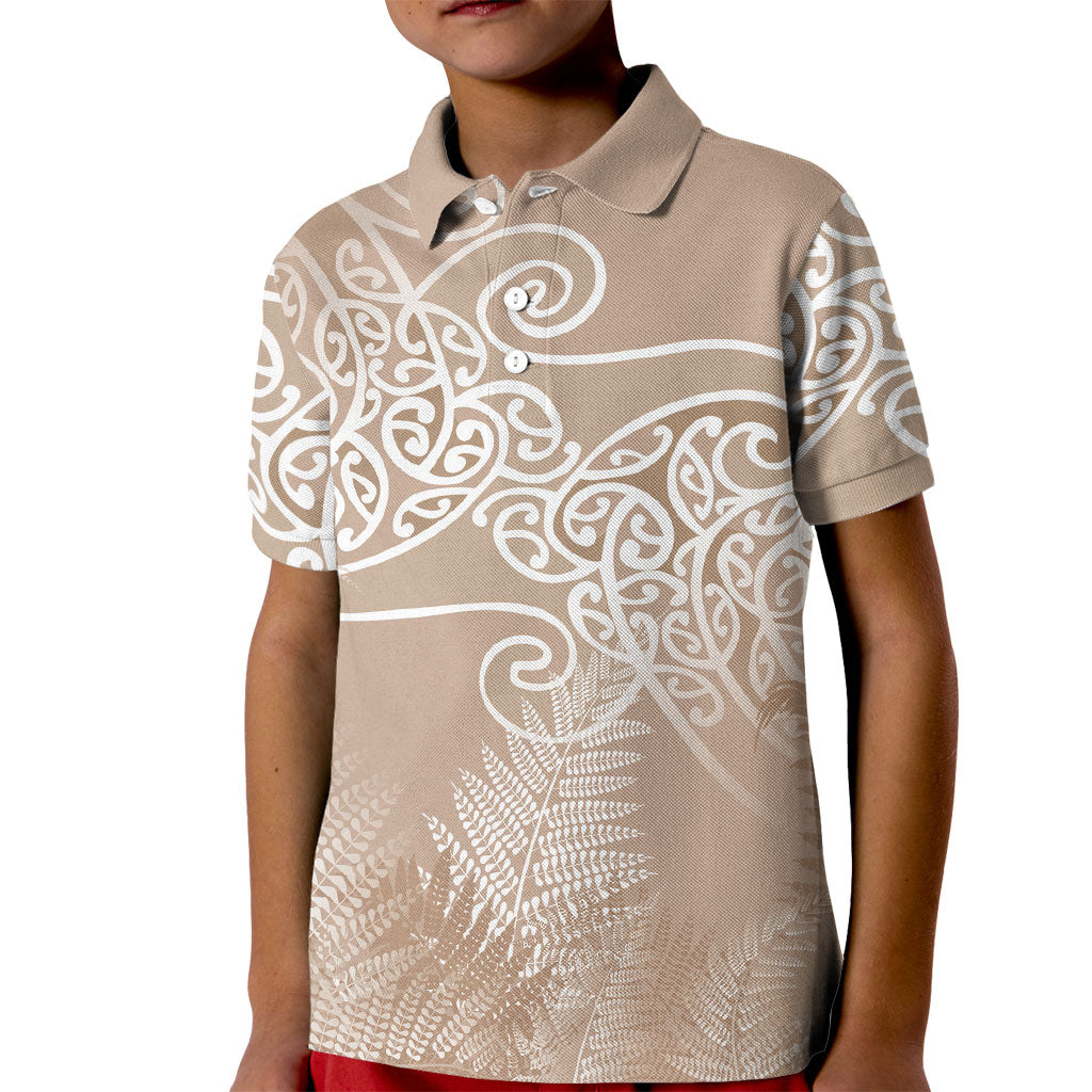 Aotearoa Maori Koru Curves Kid Polo Shirt Silver Ferns - Mocha LT7 Kid Beige - Polynesian Pride