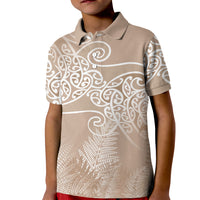 Aotearoa Maori Koru Curves Kid Polo Shirt Silver Ferns - Mocha LT7 Kid Beige - Polynesian Pride