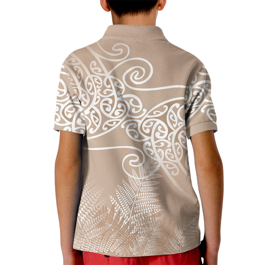 Aotearoa Maori Koru Curves Kid Polo Shirt Silver Ferns - Mocha LT7 - Polynesian Pride