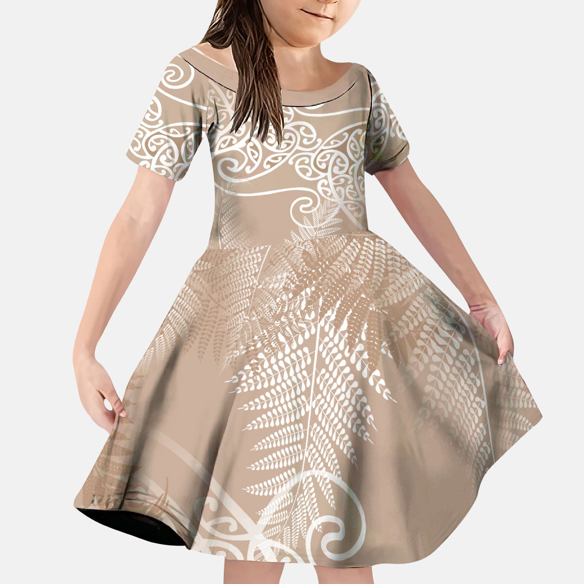 Aotearoa Maori Koru Curves Kid Short Sleeve Dress Silver Ferns - Mocha LT7 KID Beige - Polynesian Pride