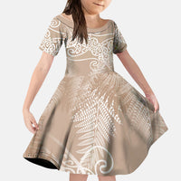 Aotearoa Maori Koru Curves Kid Short Sleeve Dress Silver Ferns - Mocha LT7 KID Beige - Polynesian Pride