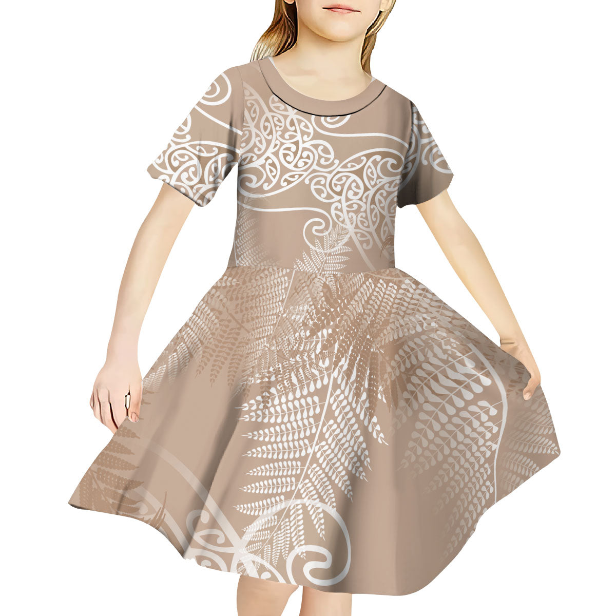 Aotearoa Maori Koru Curves Kid Short Sleeve Dress Silver Ferns - Mocha LT7 - Polynesian Pride