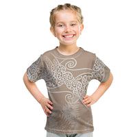 Aotearoa Maori Koru Curves Kid T Shirt Silver Ferns - Mocha LT7 Beige - Polynesian Pride