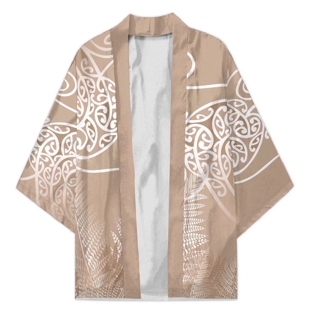 Aotearoa Maori Koru Curves Kimono Silver Ferns - Mocha LT7 Unisex Beige - Polynesian Pride