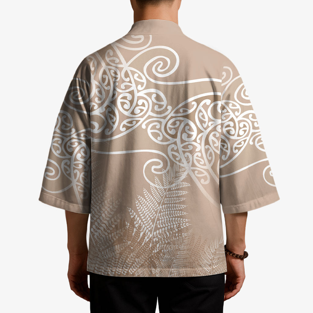 Aotearoa Maori Koru Curves Kimono Silver Ferns - Mocha LT7 - Polynesian Pride