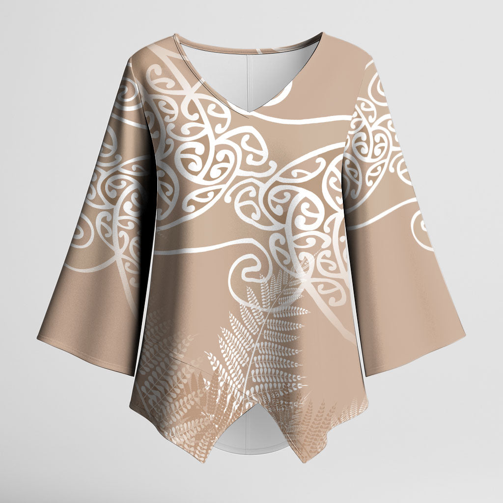 Aotearoa Maori Koru Curves Kimono Sleeve Blouse Silver Ferns - Mocha LT7 Female Beige - Polynesian Pride
