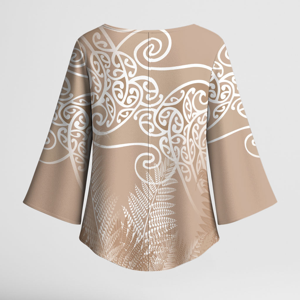 Aotearoa Maori Koru Curves Kimono Sleeve Blouse Silver Ferns - Mocha LT7 - Polynesian Pride