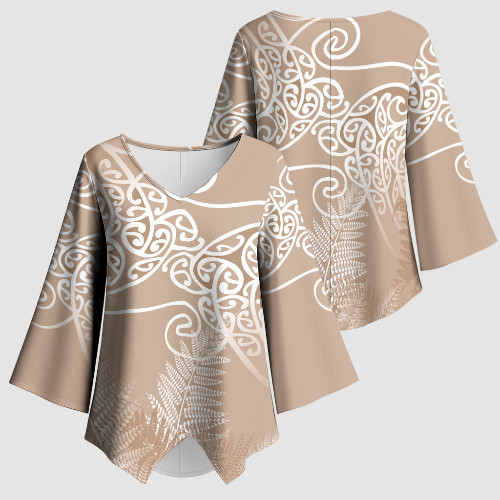 Aotearoa Maori Koru Curves Kimono Sleeve Blouse Silver Ferns - Mocha LT7 - Polynesian Pride