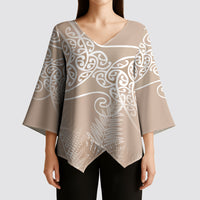 Aotearoa Maori Koru Curves Kimono Sleeve Blouse Silver Ferns - Mocha LT7 - Polynesian Pride
