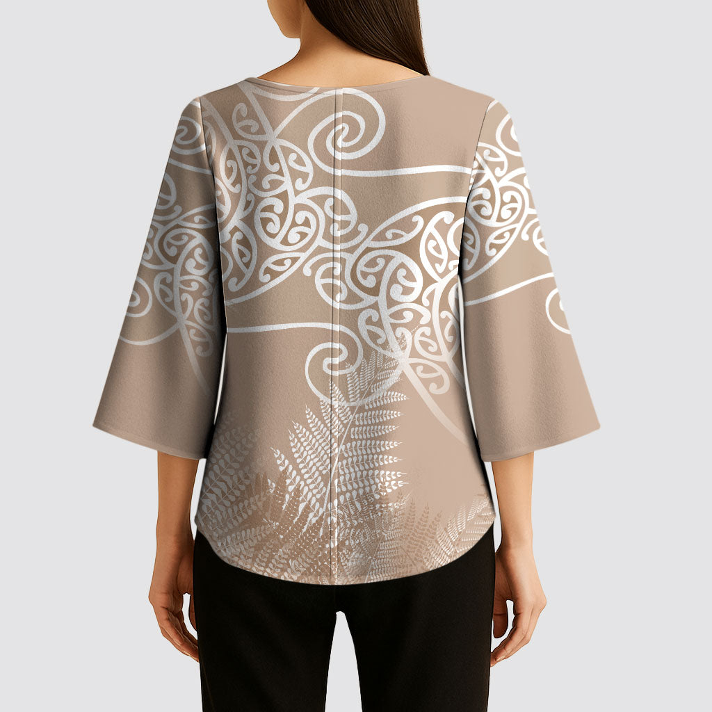 Aotearoa Maori Koru Curves Kimono Sleeve Blouse Silver Ferns - Mocha LT7 - Polynesian Pride