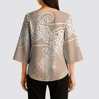 Aotearoa Maori Koru Curves Kimono Sleeve Blouse Silver Ferns - Mocha LT7 - Polynesian Pride
