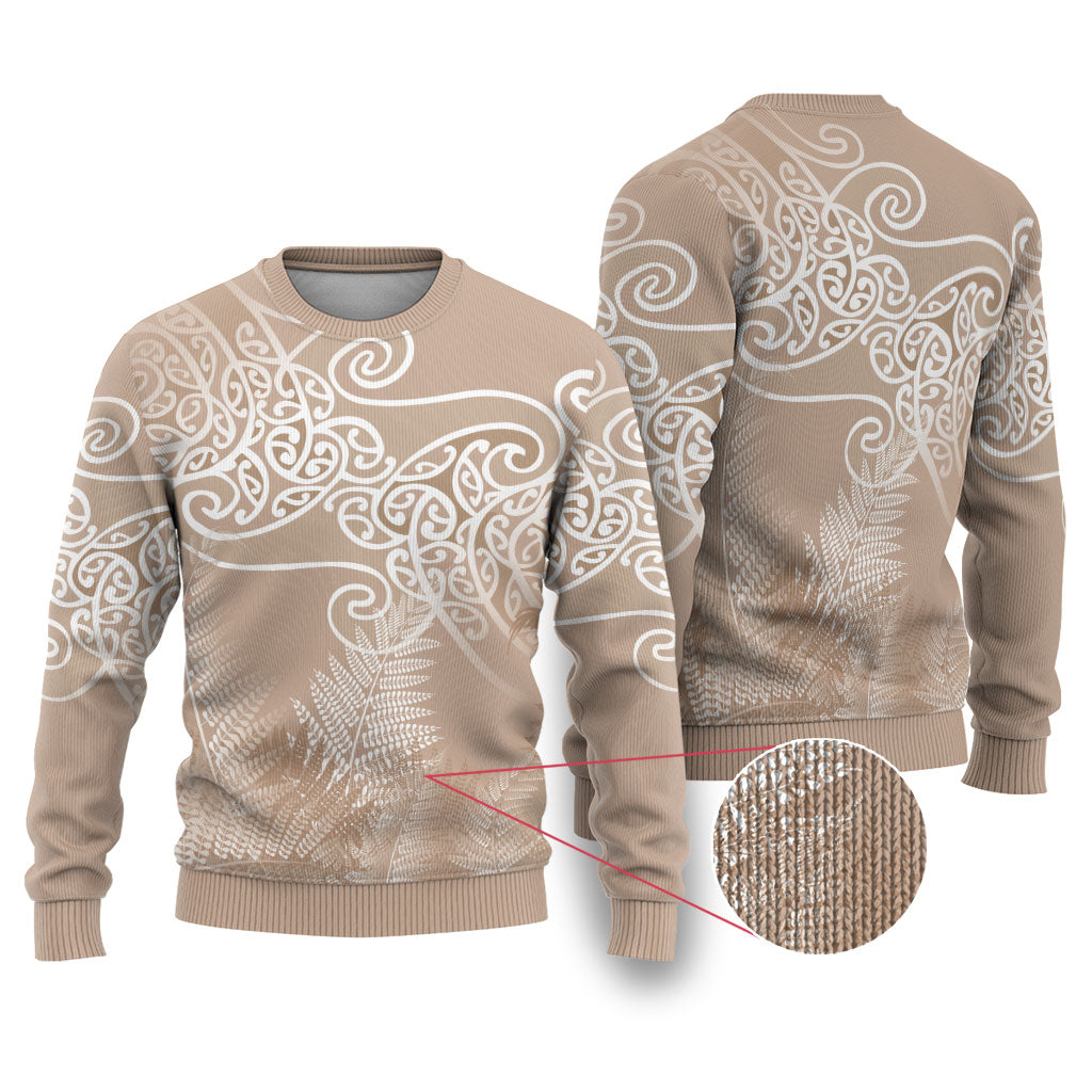 Aotearoa Maori Koru Curves Ugly Christmas Sweater Silver Ferns - Mocha LT7 Beige - Polynesian Pride
