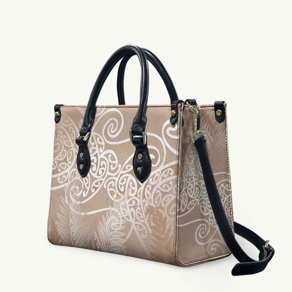 Aotearoa Maori Koru Curves Leather Bag Silver Ferns - Mocha LT7 Beige - Polynesian Pride