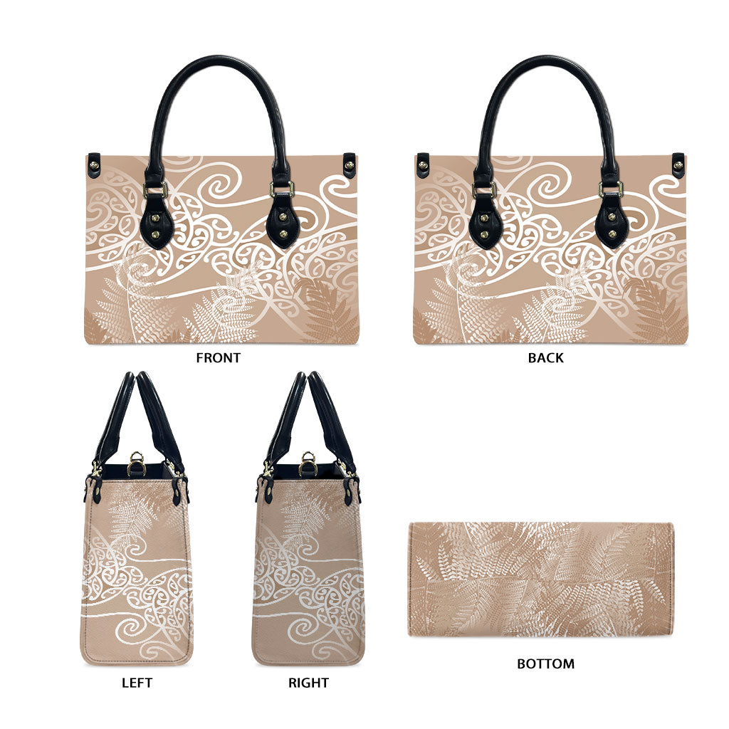 Aotearoa Maori Koru Curves Leather Bag Silver Ferns - Mocha LT7 - Polynesian Pride