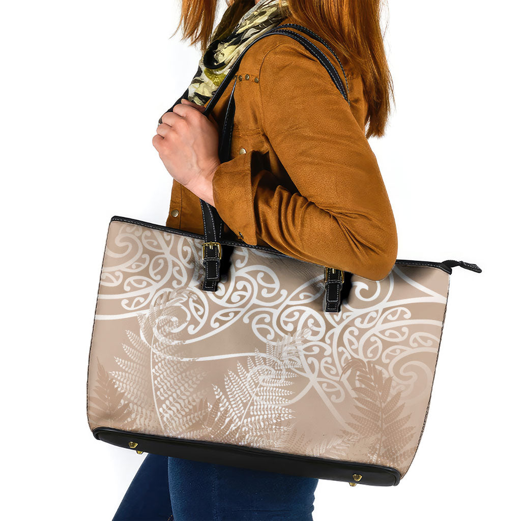Aotearoa Maori Koru Curves Leather Tote Bag Silver Ferns - Mocha LT7 Beige - Polynesian Pride