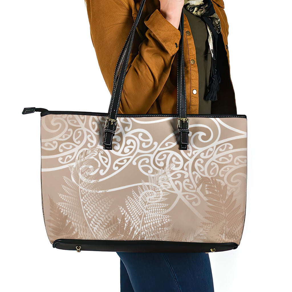 Aotearoa Maori Koru Curves Leather Tote Bag Silver Ferns - Mocha LT7 - Polynesian Pride