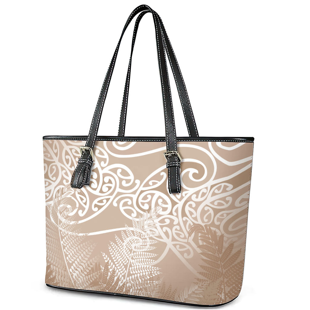 Aotearoa Maori Koru Curves Leather Tote Bag Silver Ferns - Mocha LT7 - Polynesian Pride
