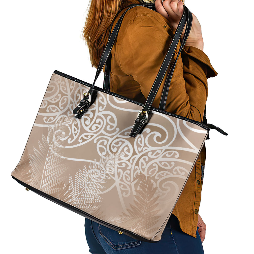 Aotearoa Maori Koru Curves Leather Tote Bag Silver Ferns - Mocha LT7 - Polynesian Pride