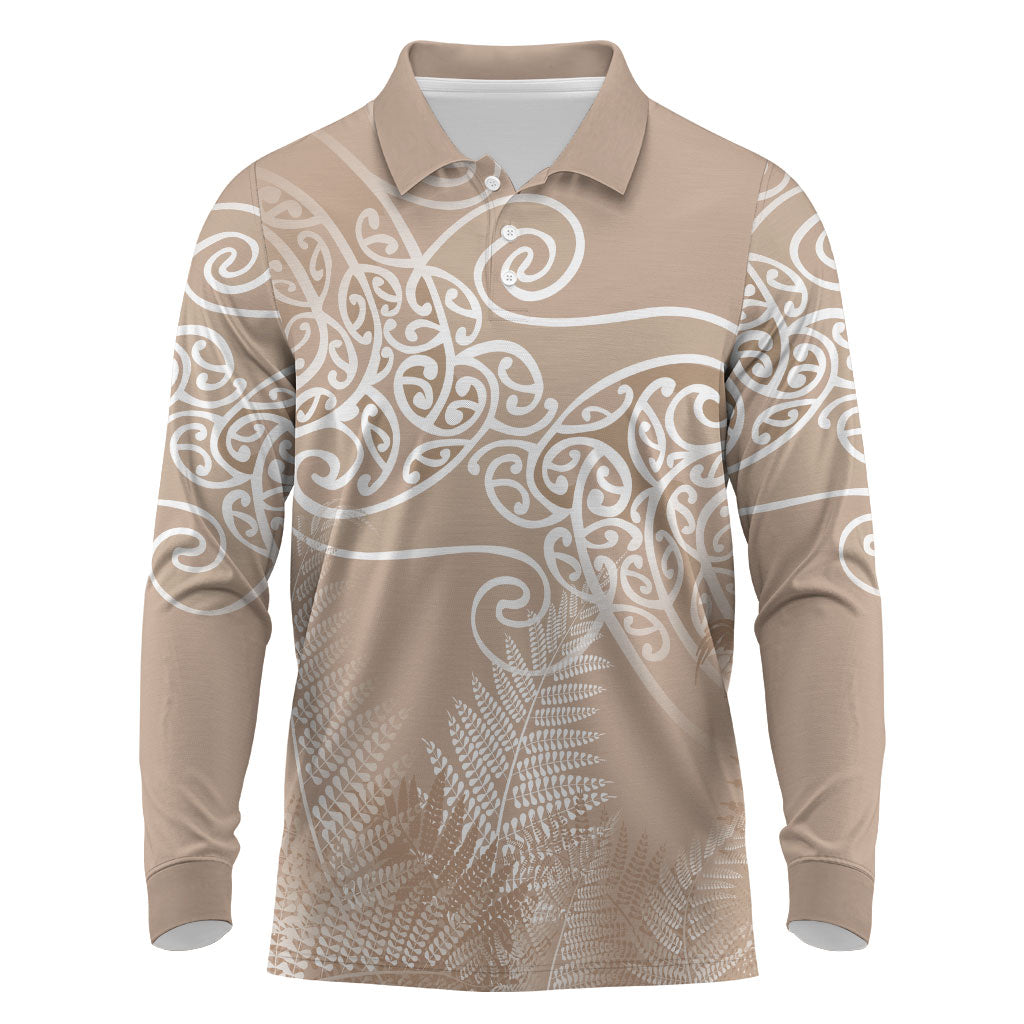 Aotearoa Maori Koru Curves Long Sleeve Polo Shirt Silver Ferns - Mocha LT7 Beige - Polynesian Pride