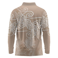 Aotearoa Maori Koru Curves Long Sleeve Polo Shirt Silver Ferns - Mocha LT7 - Polynesian Pride