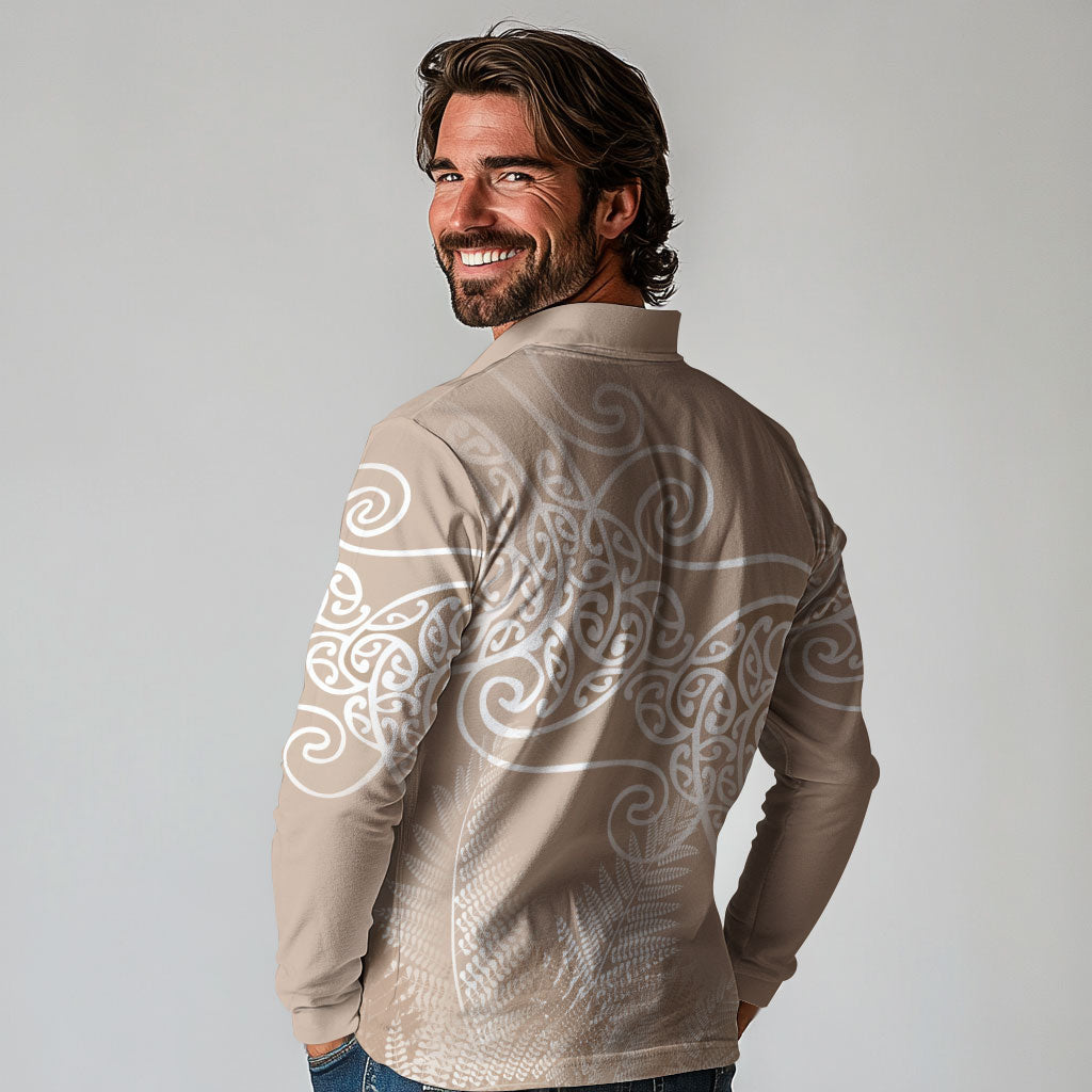 Aotearoa Maori Koru Curves Long Sleeve Polo Shirt Silver Ferns - Mocha LT7 - Polynesian Pride