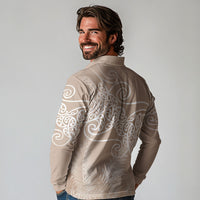 Aotearoa Maori Koru Curves Long Sleeve Polo Shirt Silver Ferns - Mocha LT7 - Polynesian Pride