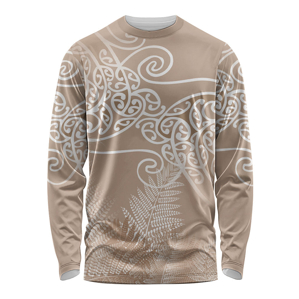 Aotearoa Maori Koru Curves Long Sleeve Shirt Silver Ferns - Mocha LT7 Unisex Beige - Polynesian Pride