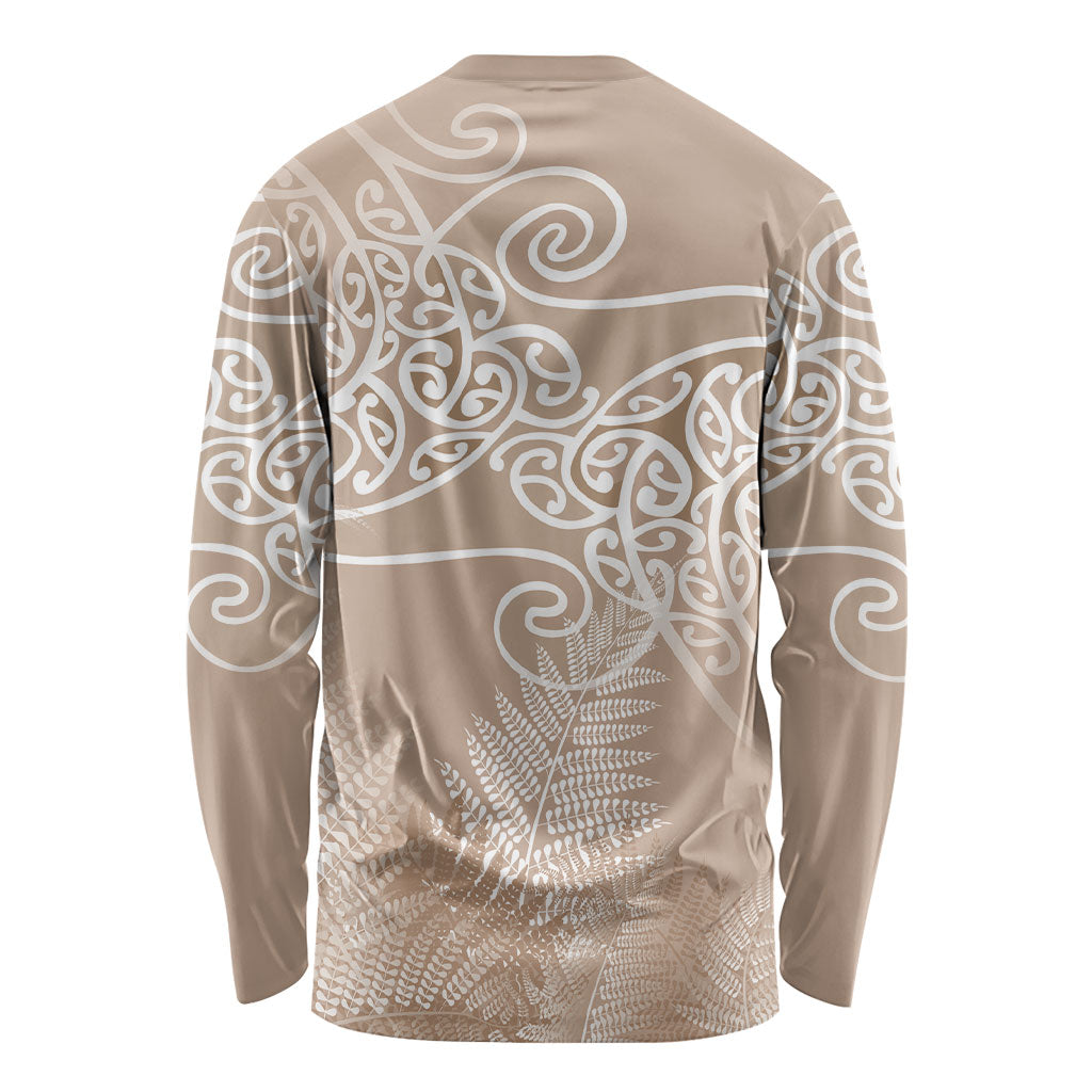 Aotearoa Maori Koru Curves Long Sleeve Shirt Silver Ferns - Mocha LT7 - Polynesian Pride