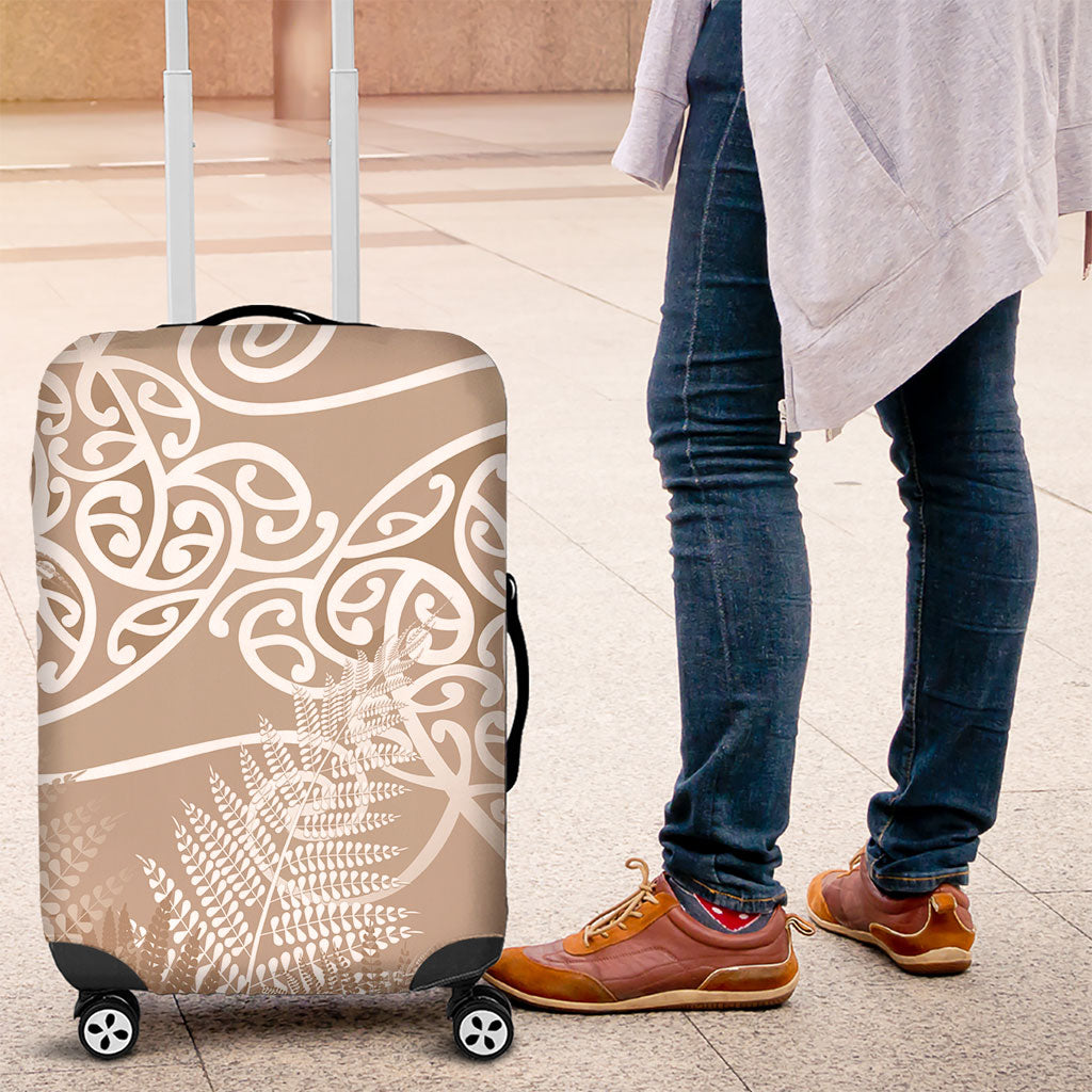 Aotearoa Maori Koru Curves Luggage Cover Silver Ferns - Mocha LT7 Beige - Polynesian Pride