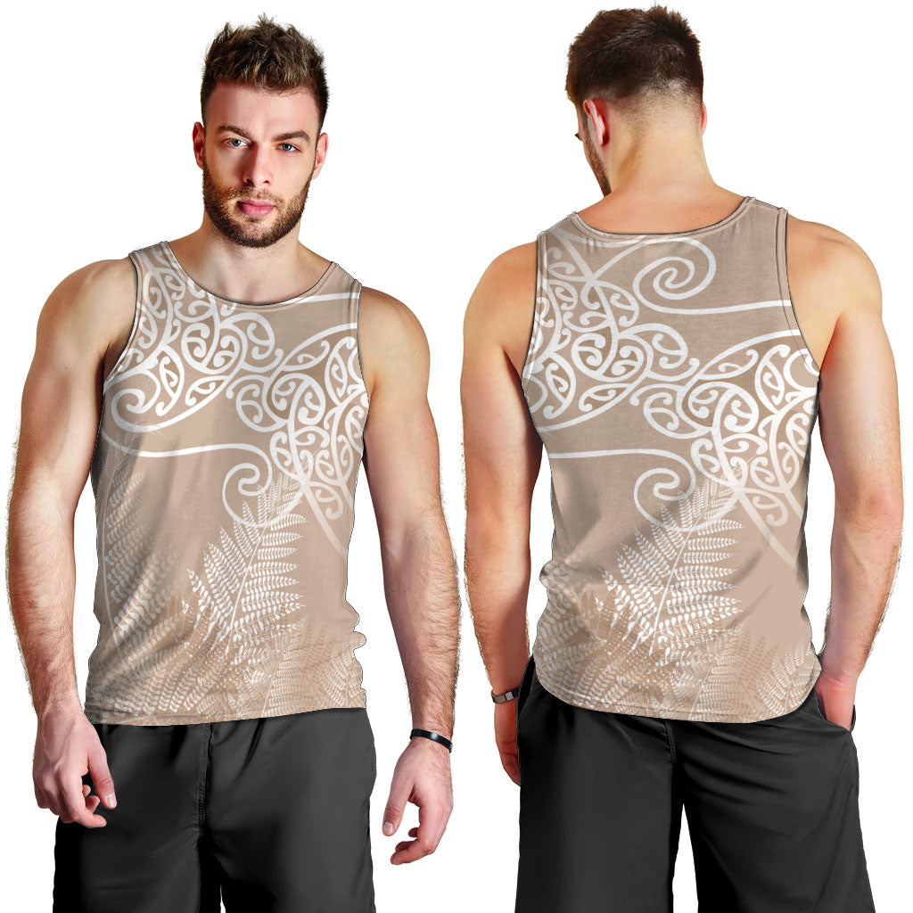 Aotearoa Maori Koru Curves Men Tank Top Silver Ferns - Mocha LT7 - Polynesian Pride
