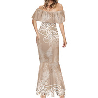 Aotearoa Maori Koru Curves Mermaid Dress Silver Ferns - Mocha LT7 - Polynesian Pride