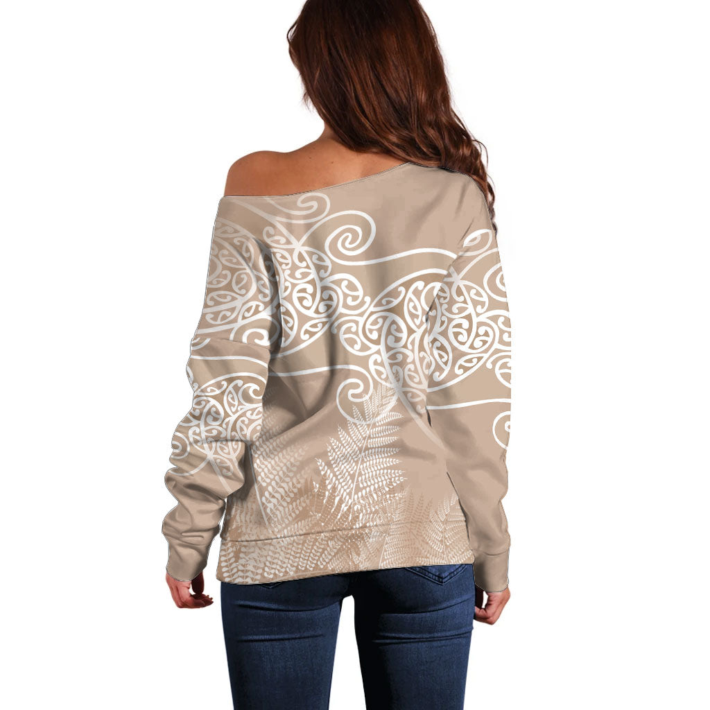 Aotearoa Maori Koru Curves Off Shoulder Sweater Silver Ferns - Mocha LT7 - Polynesian Pride