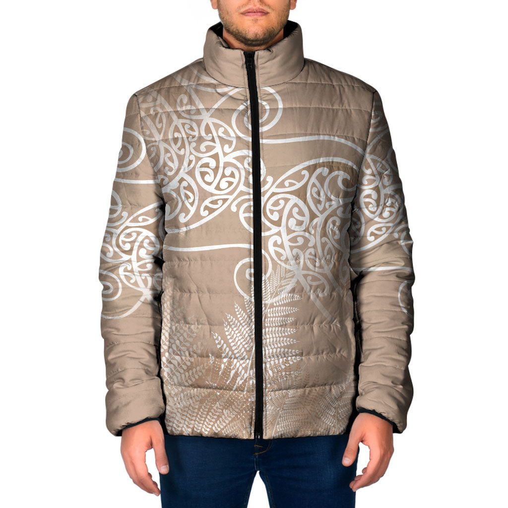 Aotearoa Maori Koru Curves Padded Jacket Silver Ferns - Mocha
