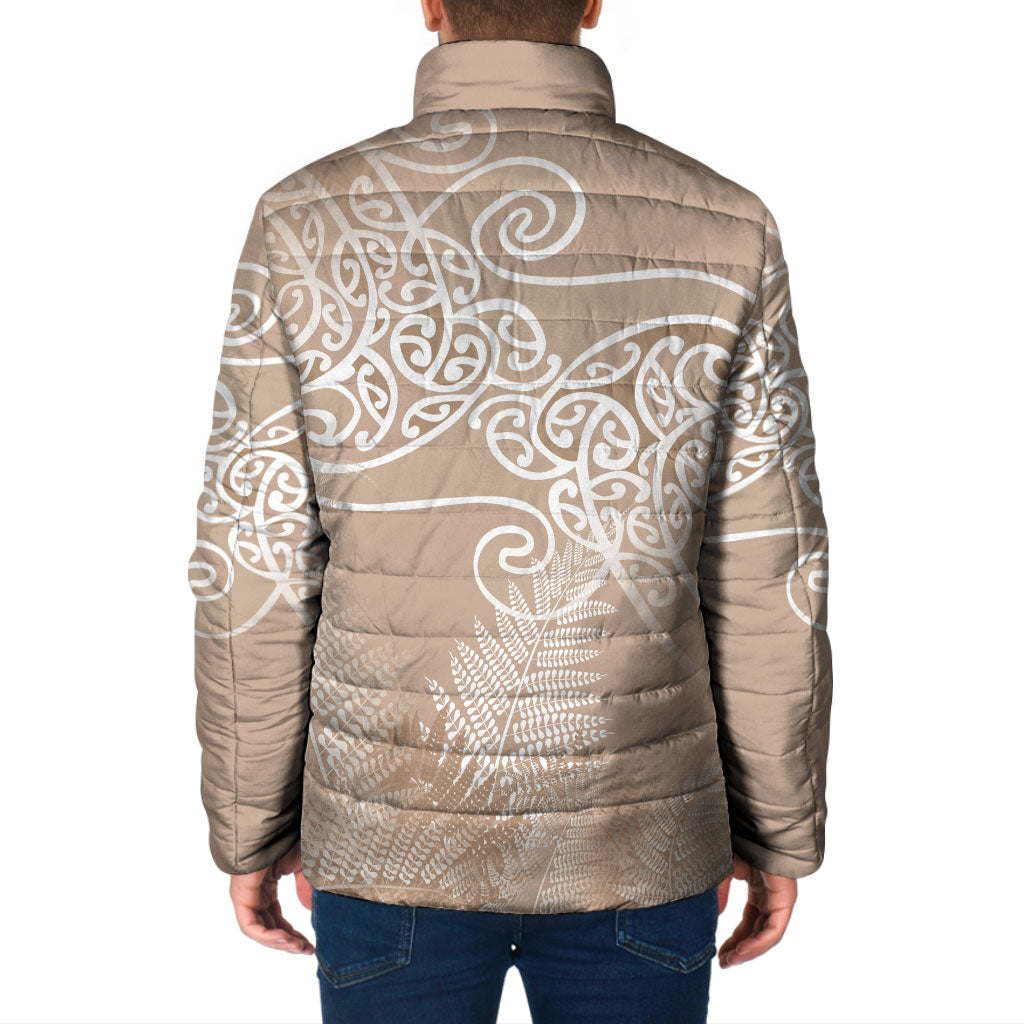 Aotearoa Maori Koru Curves Padded Jacket Silver Ferns - Mocha