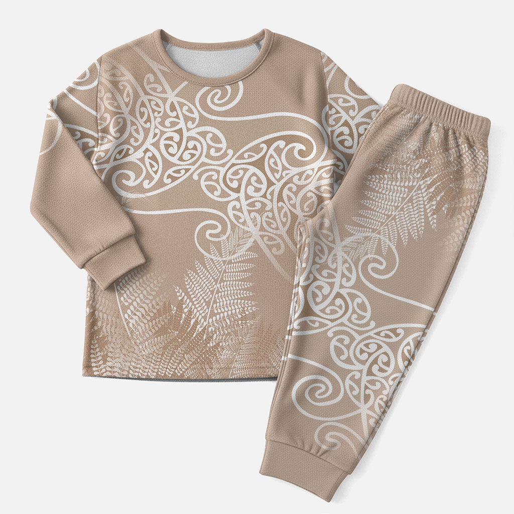 Aotearoa Maori Koru Curves Christmas Pajama Set Silver Ferns - Mocha LT7 Men Beige - Polynesian Pride