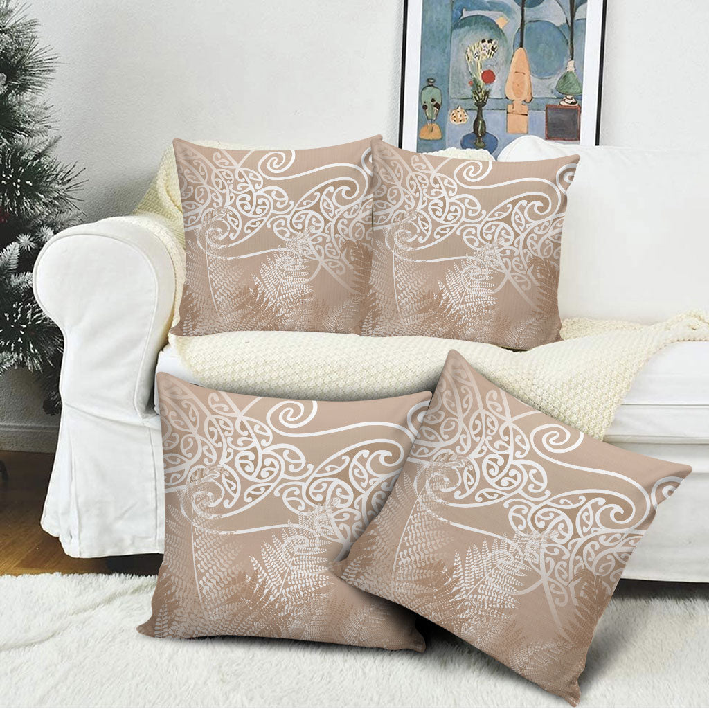 Aotearoa Maori Koru Curves Pillow Cover Silver Ferns - Mocha LT7 - Polynesian Pride