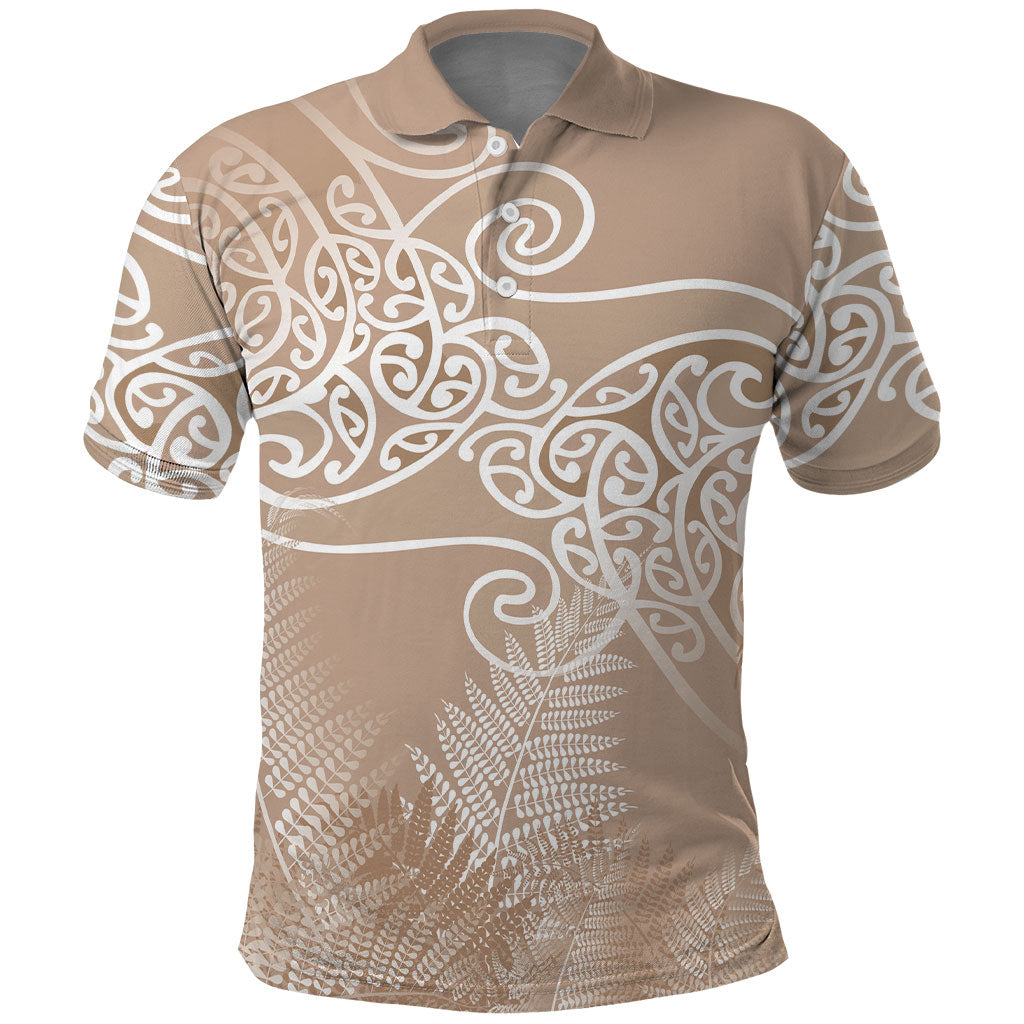 Aotearoa Maori Koru Curves Polo Shirt Silver Ferns - Mocha LT7 Beige - Polynesian Pride