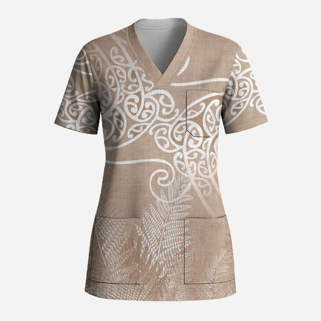 Aotearoa Maori Koru Curves Scrub Top Silver Ferns - Mocha LT7 Adult Beige - Polynesian Pride