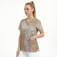 Aotearoa Maori Koru Curves Scrub Top Silver Ferns - Mocha
