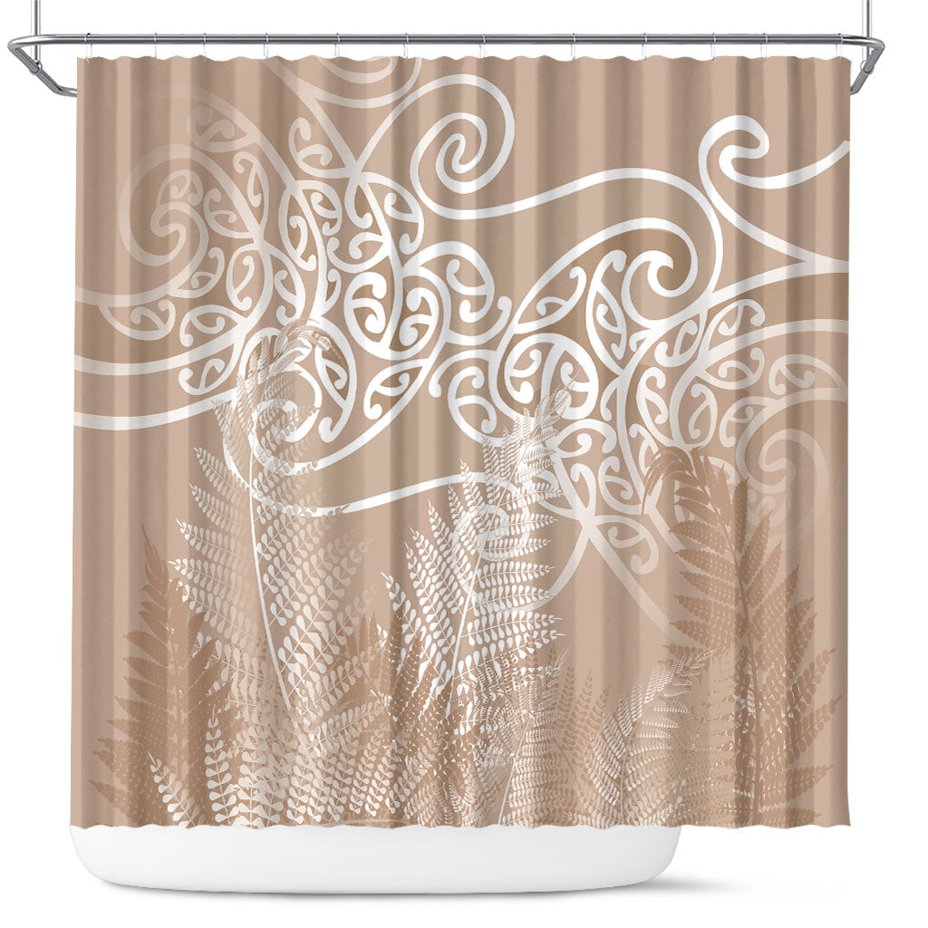 Aotearoa Maori Koru Curves Shower Curtain Silver Ferns - Mocha LT7 Beige - Polynesian Pride