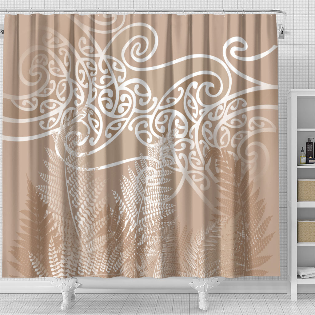 Aotearoa Maori Koru Curves Shower Curtain Silver Ferns - Mocha LT7 - Polynesian Pride