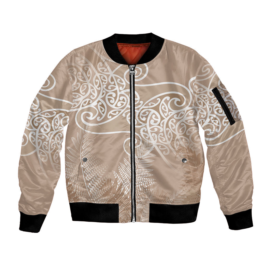 Aotearoa Maori Koru Curves Sleeve Zip Bomber Jacket Silver Ferns - Mocha LT7 Unisex Beige - Polynesian Pride