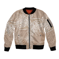 Aotearoa Maori Koru Curves Sleeve Zip Bomber Jacket Silver Ferns - Mocha LT7 Unisex Beige - Polynesian Pride