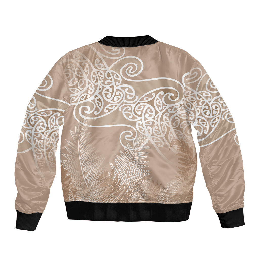 Aotearoa Maori Koru Curves Sleeve Zip Bomber Jacket Silver Ferns - Mocha LT7 - Polynesian Pride