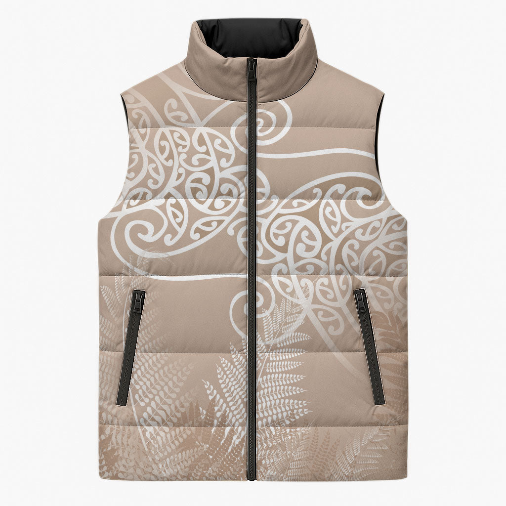 Aotearoa Maori Koru Curves Sleeveless Puffer Jacket Silver Ferns - Mocha LT7 Unisex Beige - Polynesian Pride